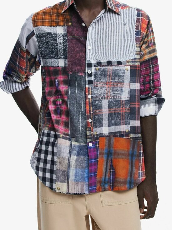 Desigual Other - Desigual Men’s Patchwork Plaid Distressed Shirt XXL - 3D Illusion Design - VGUC